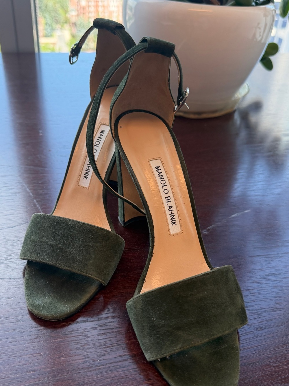 Manolo Blahnik Dark Green Suede Ankle-Strap Block Heels